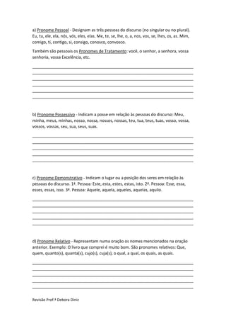 Revisão Prof.ª Debora Diniz
a) Pronome Pessoal - Designam as três pessoas do discurso (no singular ou no plural).
Eu, tu, ele, ela, nós, vós, eles, elas. Me, te, se, lhe, o, a, nos, vos, se, lhes, os, as. Mim,
comigo, ti, contigo, si, consigo, conosco, convosco.
Também são pessoais os Pronomes de Tratamento: você, o senhor, a senhora, vossa
senhoria, vossa Excelência, etc.
_______________________________________________________________________
_______________________________________________________________________
_______________________________________________________________________
_______________________________________________________________________
_______________________________________________________________________
_______________________________________________________________________
b) Pronome Possessivo - Indicam a posse em relação às pessoas do discurso: Meu,
minha, meus, minhas, nosso, nossa, nossos, nossas, teu, tua, teus, tuas, vosso, vossa,
vossos, vossas, seu, sua, seus, suas.
_______________________________________________________________________
_______________________________________________________________________
_______________________________________________________________________
_______________________________________________________________________
_______________________________________________________________________
c) Pronome Demonstrativo - Indicam o lugar ou a posição dos seres em relação às
pessoas do discurso. 1ª. Pessoa: Este, esta, estes, estas, isto. 2ª. Pessoa: Esse, essa,
esses, essas, isso. 3ª. Pessoa: Aquele, aquela, aqueles, aquelas, aquilo.
_______________________________________________________________________
_______________________________________________________________________
_______________________________________________________________________
_______________________________________________________________________
_______________________________________________________________________
d) Pronome Relativo - Representam numa oração os nomes mencionados na oração
anterior. Exemplo: O livro que comprei é muito bom. São pronomes relativos: Que,
quem, quanto(s), quanta(s), cujo(s), cuja(s), o qual, a qual, os quais, as quais.
_______________________________________________________________________
_______________________________________________________________________
_______________________________________________________________________
_______________________________________________________________________
_______________________________________________________________________
 