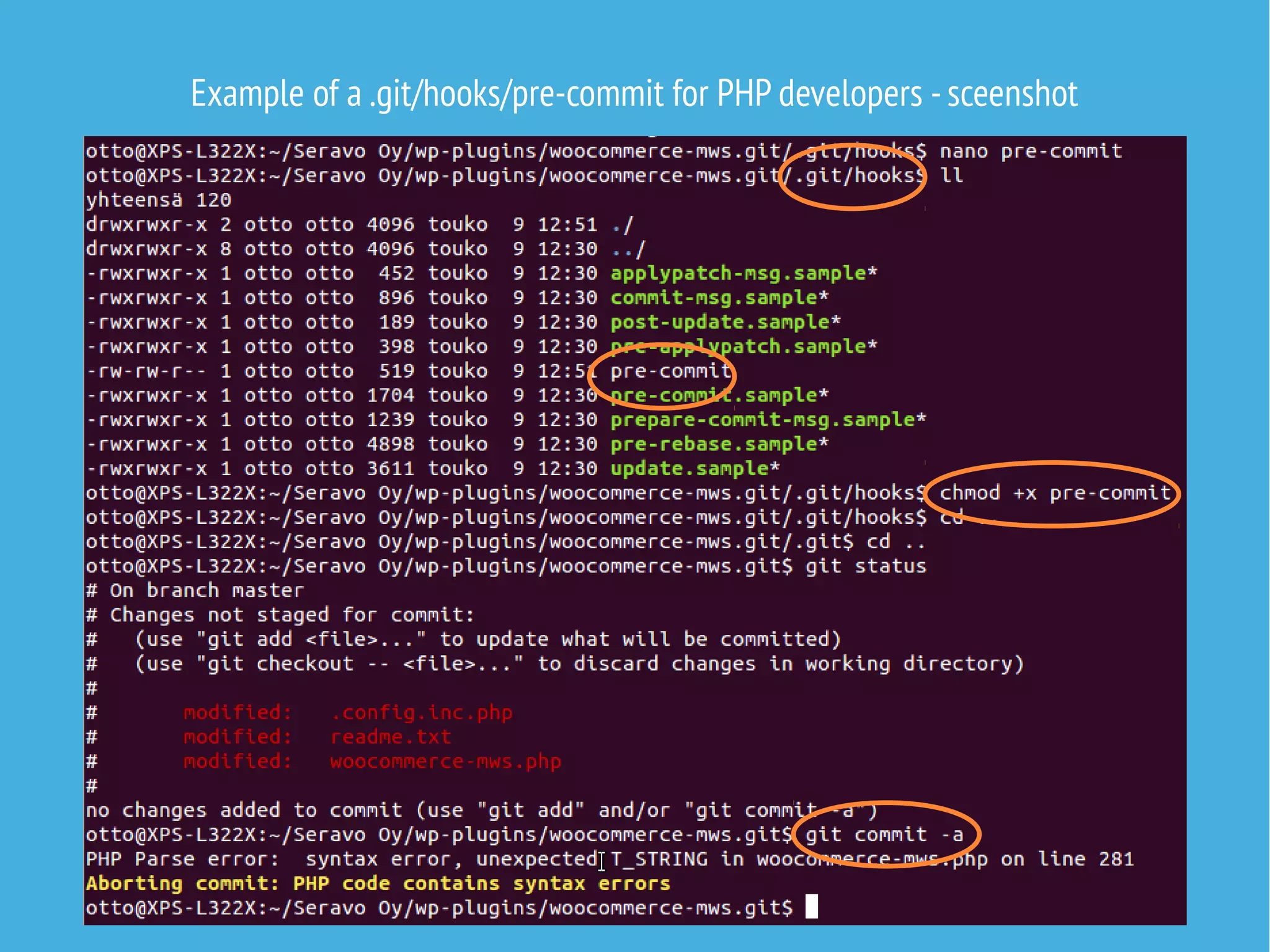 Example of a .git/hooks/pre-commit for PHP developers -sceenshot
 