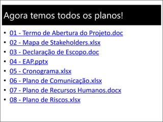Agora temos todos os planos!
• 01 - Termo de Abertura do Projeto.doc
• 02 - Mapa de Stakeholders.xlsx
• 03 - Declaração de Escopo.doc
• 04 - EAP.pptx
• 05 - Cronograma.xlsx
• 06 - Plano de Comunicação.xlsx
• 07 - Plano de Recursos Humanos.docx
• 08 - Plano de Riscos.xlsx
 