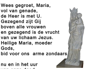 Wees gegroet, Maria,
vol van genade,
de Heer is met U.
Gezegend zijt Gij
boven alle vrouwen
en gezegend is de vrucht
van uw lichaam Jezus.
Heilige Maria, moeder
Gods,
bid voor ons arme zondaars
nu en in het uur
 