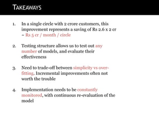 TAKEAWAYS
1. In a single circle with 2 crore customers, this
improvement represents a saving of Rs 2.6 x 2 cr
~ Rs 5 cr / month / circle
2. Testing structure allows us to test out any
number of models, and evaluate their
effectiveness
3. Need to trade-off between simplicity vs over-
fitting. Incremental improvements often not
worth the trouble
4. Implementation needs to be constantly
monitored, with continuous re-evaluation of the
model
 