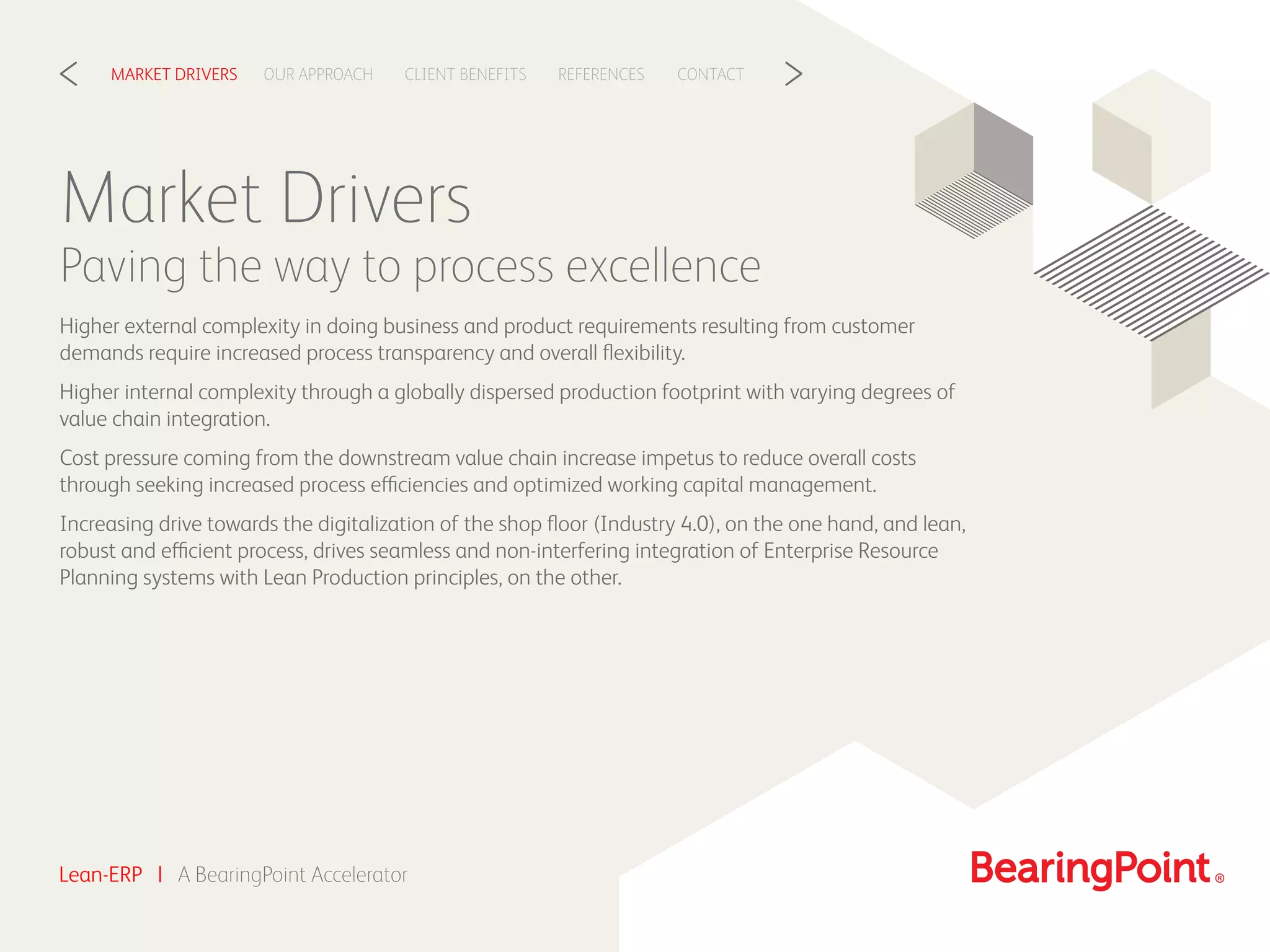 Lean-ERP | A BearingPoint Accelerator
Market Drivers
Paving the way to process excellence
Higher external complexity in doing business and product requirements resulting from customer
demands require increased process transparency and overall ﬂexibility.
Higher internal complexity through a globally dispersed production footprint with varying degrees of
value chain integration.
Cost pressure coming from the downstream value chain increase impetus to reduce overall costs
through seeking increased process efficiencies and optimized working capital management.
Increasing drive towards the digitalization of the shop ﬂoor (Industry 4.0), on the one hand, and lean,
robust and efficient process, drives seamless and non-interfering integration of Enterprise Resource
Planning systems with Lean Production principles, on the other.
CLIENT BENEFITSOUR APPROACHMARKET DRIVERS REFERENCES CONTACT< >
 