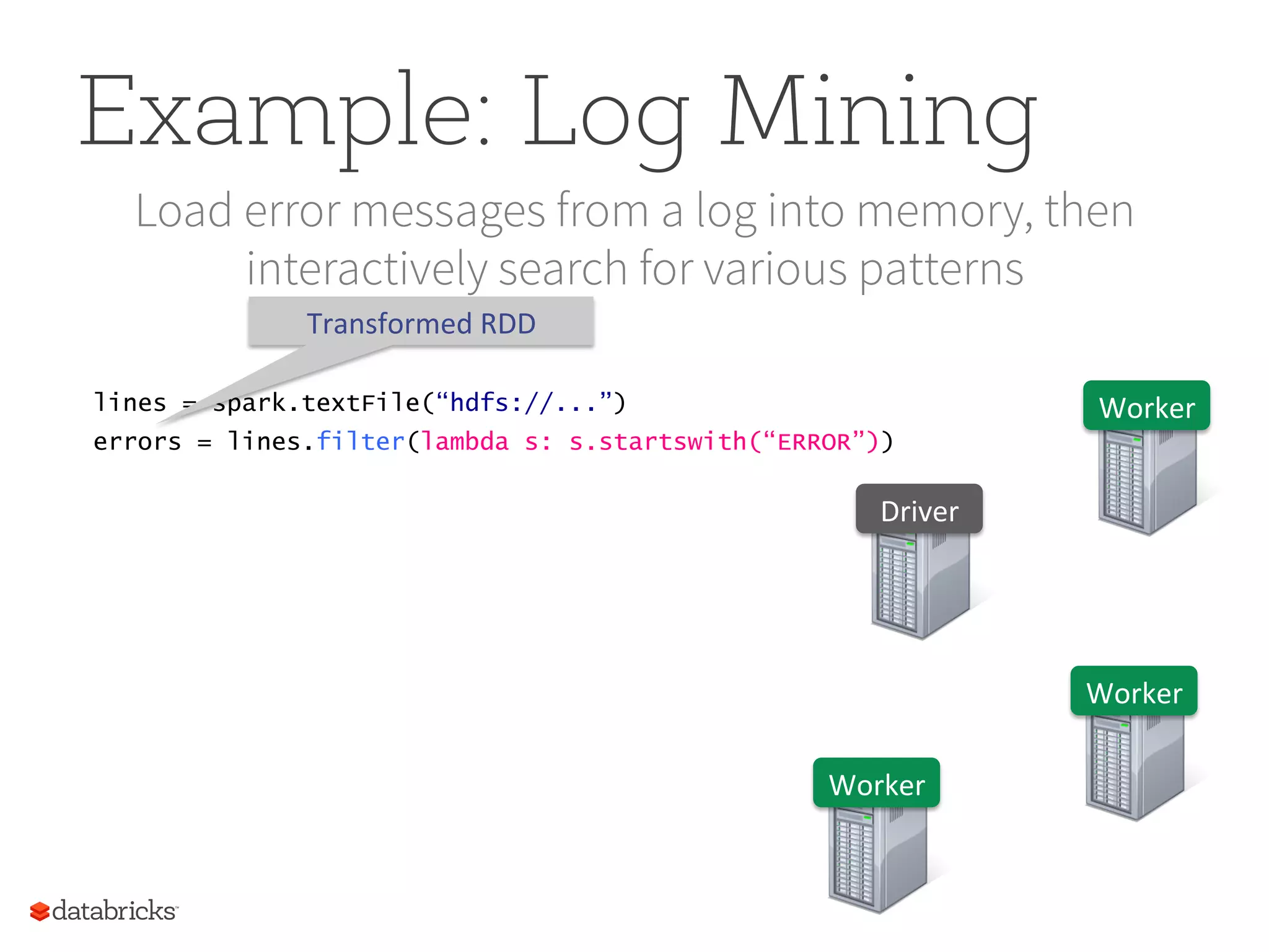 Example: Log Mining Load error messages from a log into memory, then interactively search for various patterns lines = spark.textFile(“hdfs://...”) errors = lines.filter(lambda s: s.startswith(“ERROR”)) Worker   Worker   Worker   Driver   Transformed  RDD   
