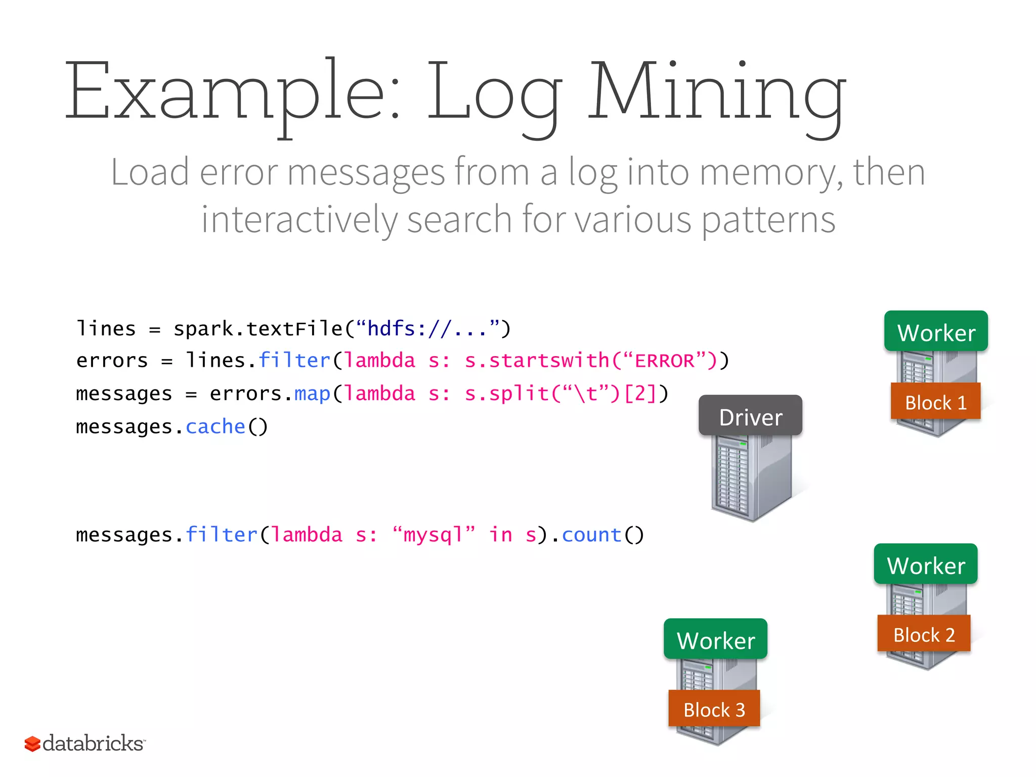 Example: Log Mining Load error messages from a log into memory, then interactively search for various patterns lines = spark.textFile(“hdfs://...”) errors = lines.filter(lambda s: s.startswith(“ERROR”)) messages = errors.map(lambda s: s.split(“t”)[2]) messages.cache() Worker   Worker   Worker   Driver   messages.filter(lambda s: “mysql” in s).count() Block  1   Block  2   Block  3   