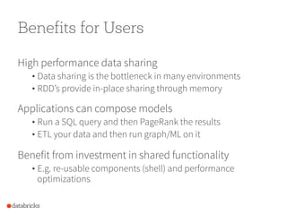Benefits for Users
High performance data sharing
• Data sharing is the bottleneck in many environments
• RDD’s provide in-place sharing through memory
Applications can compose models
• Run a SQL query and then PageRank the results
• ETL your data and then run graph/ML on it
Benefit from investment in shared functionality
• E.g. re-usable components (shell) and performance
optimizations
 