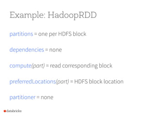 Example: HadoopRDD
partitions = one per HDFS block
dependencies = none
compute(part) = read corresponding block
preferredL...