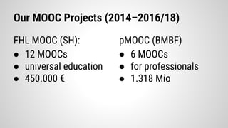 Our MOOC Projects (2014–2016/18)
FHL MOOC (SH):
● 12 MOOCs
● universal education
● 450.000 €
pMOOC (BMBF)
● 6 MOOCs
● for professionals
● 1.318 Mio
 