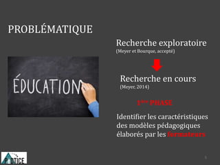PROBLÉMATIQUE
Recherche exploratoire
(Meyer et Bourque, accepté)
Identifier les caractéristiques
des modèles pédagogiques
élaborés par les formateurs
Recherche en cours
(Meyer, 2014)
5
1ère PHASE
 
