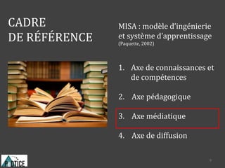 CADRE
DE RÉFÉRENCE
MISA : modèle d’ingénierie
et système d’apprentissage
(Paquette, 2002)
1. Axe de connaissances et
de compétences
2. Axe pédagogique
3. Axe médiatique
4. Axe de diffusion
9
 