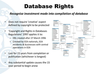 Database Rights
• Does not require 'creative' aspect
defined by copyright to be protected
• ‘Copyright and Rights in Databases
Regulations’ 1997 applies it to:
– DBs created after 27 March 1996
– Created by EEA nationals, EEA
residents & businesses with central
operations in EEA
• Last for 15 years from completion or
publication (whichever is longest)
• Any substantial update causes the 15
year period to begin anew
Recognise investment made into compilation of database
 