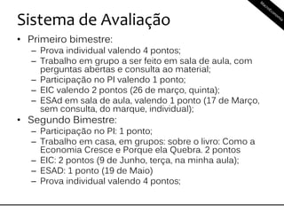 Sistema de Avaliação
• Primeiro bimestre:
– Prova individual valendo 4 pontos;
– Trabalho em grupo a ser feito em sala de aula, com
perguntas abertas e consulta ao material;
– Participação no PI valendo 1 ponto;
– EIC valendo 2 pontos (26 de março, quinta);
– ESAd em sala de aula, valendo 1 ponto (17 de Março,
sem consulta, do marque, individual);
• Segundo Bimestre:
– Participação no PI: 1 ponto;
– Trabalho em casa, em grupos: sobre o livro: Como a
Economia Cresce e Porque ela Quebra. 2 pontos
– EIC: 2 pontos (9 de Junho, terça, na minha aula);
– ESAD: 1 ponto (19 de Maio)
– Prova individual valendo 4 pontos;
 