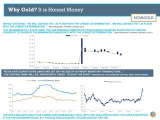 Why Gold? It is Honest Money
THE ECB’S BALANCE SHEET HAS CORRELATED REMARKABLY WELL WITH USD GOLD PRICES SINCE THE EURO’S INCEPTION;
IF THAT RELATIONSHIP HOLDS, €1.1T ECB QE COULD EQUATE TO $2,000 GOLD BY SEP-16E.
100
600
1100
1600
2100
2600
3100
Jan-10 Jul-10 Jan-11 Jul-11 Jan-12 Jul-12 Jan-13 Jul-13 Jan-14 Jul-14
Gold ECB Balance Sheet
800
850
900
950
1000
1050
1100
1150
1200
Jun-13 Sep-13 Dec-13 Mar-14 Jun-14 Sep-14 Dec-14
Gold vs. Euro
“NO EX-ANTE QUANTITATIVE LIMITS ARE SET ON THE SIZE OF OUTRIGHT MONETARY TRANSACTIONS…”
“THE CENTRAL BANK WILL DO “WHATEVER IT TAKES” TO SAVE THE EURO” PRESIDENT OF THE EUROPEAN CENTRAL BANK, MARIO DRAGHI
REPEAT AFTER ME: “WE WILL DEFEND THE 1.20 FLOOR WITH THE UTMOST DETERMINATION… WE WILL DEFEND THE 1.20 FLOOR
WITH THE UTMOST DETERMINATION…” SNB PRESIDENT THOMAS JORDAN 2012
"LET ME IMMEDIATELY STATE HERE: THE SNB REMAINS COMMITTED TO PURCHASING UNLIMITED QUANTITIES OF FOREIGN
CURRENCY TO ENFORCE THE MINIMUM EXCHANGE RATE WITH THE UTMOST DETERMINATION.” SNB PRESIDENT THOMAS JORDAN 12/18/14
$0.95
$1.00
$1.05
$1.10
$1.15
$1.20
$1.25
$1.30
$1.35
1/1/2015 1/4/2015 1/7/2015 1/10/2015 1/13/2015 1/16/2015 1/19/2015 1/22/2015 1/25/2015
CHF USD Close
11
 