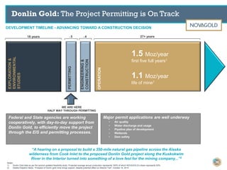 DEVELOPMENT TIMELINE - ADVANCING TOWARD A CONSTRUCTION DECISION
Donlin Gold: The Project Permitting is On Track
16 years ̴ 4 27+ years
EXPLORATION&
ENVIRONMENTAL
STUDIES
PERMITTING
ENGINEERING&
CONSTRUCTION
OPERATION
WE ARE HERE
HALF WAY THROUGH PERMITTING
1.5 Moz/year
first five full years1
1.1 Moz/year
life of mine1
̴ 5
Notes:
1) Donlin Gold data as per the second updated feasibility study. Projected average annual production represents 100% of which NOVAGOLD’s share represents 50%.
2) Alaska Dispatch News, “Prospect of Donlin gold mine brings support, despite potential effect on Iditarod Trail”, October 16, 2014
Federal and State agencies are working
cooperatively, with day-to-day support from
Donlin Gold, to efficiently move the project
through the EIS and permitting processes.
Major permit applications are well underway
• Air quality
• Water discharge and usage
• Pipeline plan of development
• Wetlands
• Dam safety
36
“A hearing on a proposal to build a 350-mile natural gas pipeline across the Alaska
wilderness from Cook Inlet to the proposed Donlin Gold project along the Kuskokwim
River in the Interior turned into something of a love fest for the mining company...”2
 