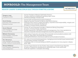NOVAGOLD: The Management Team
Gregory Lang
President & CEO
▸ Former President of Barrick Gold North America
▸ 35 years experience building & operating major mines
▸ Intimate knowledge of Donlin Gold
David Deisley
Executive Vice President and
General Counsel
▸ Former EVP and General Counsel of Goldcorp
▸ Regional General Counsel for Barrick Gold North America
▸ Extensive track record in project permitting, corporate social responsibility, mergers and
acquisitions and corporate development
▸ 25 years of mining industry experience
David Ottewell
Vice President and Chief
Financial Officer
▸ Former VP and Corporate Controller of Newmont Mining Corporation
▸ 25 years of mining industry experience
▸ Diverse experience in all facets of financial management, from mine operations to
executive corporate financial management of premier gold producers
Mélanie Hennessey
Vice President, Corporate
Communications
▸ Held variety of executive and senior IR & corporate communications positions with
Goldcorp, New Gold, and Hecla Mining Company
▸ Leading NOVAGOLD’s internal and external communications functions
Ron Rimelman
Vice President, Environment,
Health, Safety & Sustainability
▸ 25+ years of environmental experience, managing environmental impact assessments
and permitting activities world-wide
▸ Leadership role on mine permitting and NEPA evaluations for mine projects in Alaska
since 1993
Richard Williams
Vice President, Engineering
and Development
▸ Former Project Director for the Pueblo Viejo project in the Dominican Republic
▸ 30 years of experience developing and operating major mines world-wide
▸ Particular expertise in autoclave technology
INDUSTRY LEADERS TO BRING DONLIN GOLD THROUGH PERMITTING & BEYOND
55
 