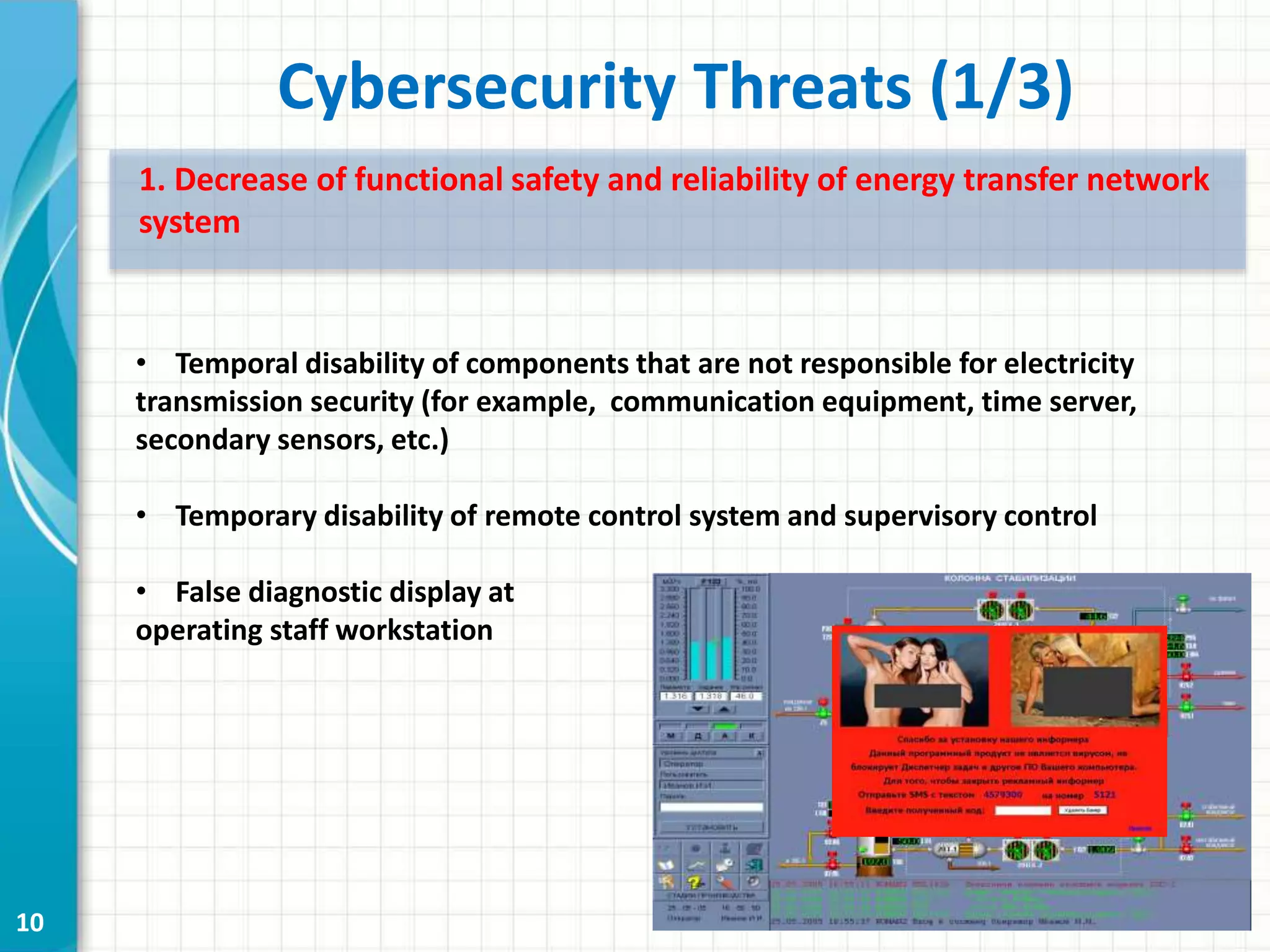 Cybersecurity Threats (1/3)
10
• Temporal disability of components that are not responsible for electricity
transmission security (for example, communication equipment, time server,
secondary sensors, etc.)
• Temporary disability of remote control system and supervisory control
• False diagnostic display at
operating staff workstation
1. Decrease of functional safety and reliability of energy transfer network
system
 