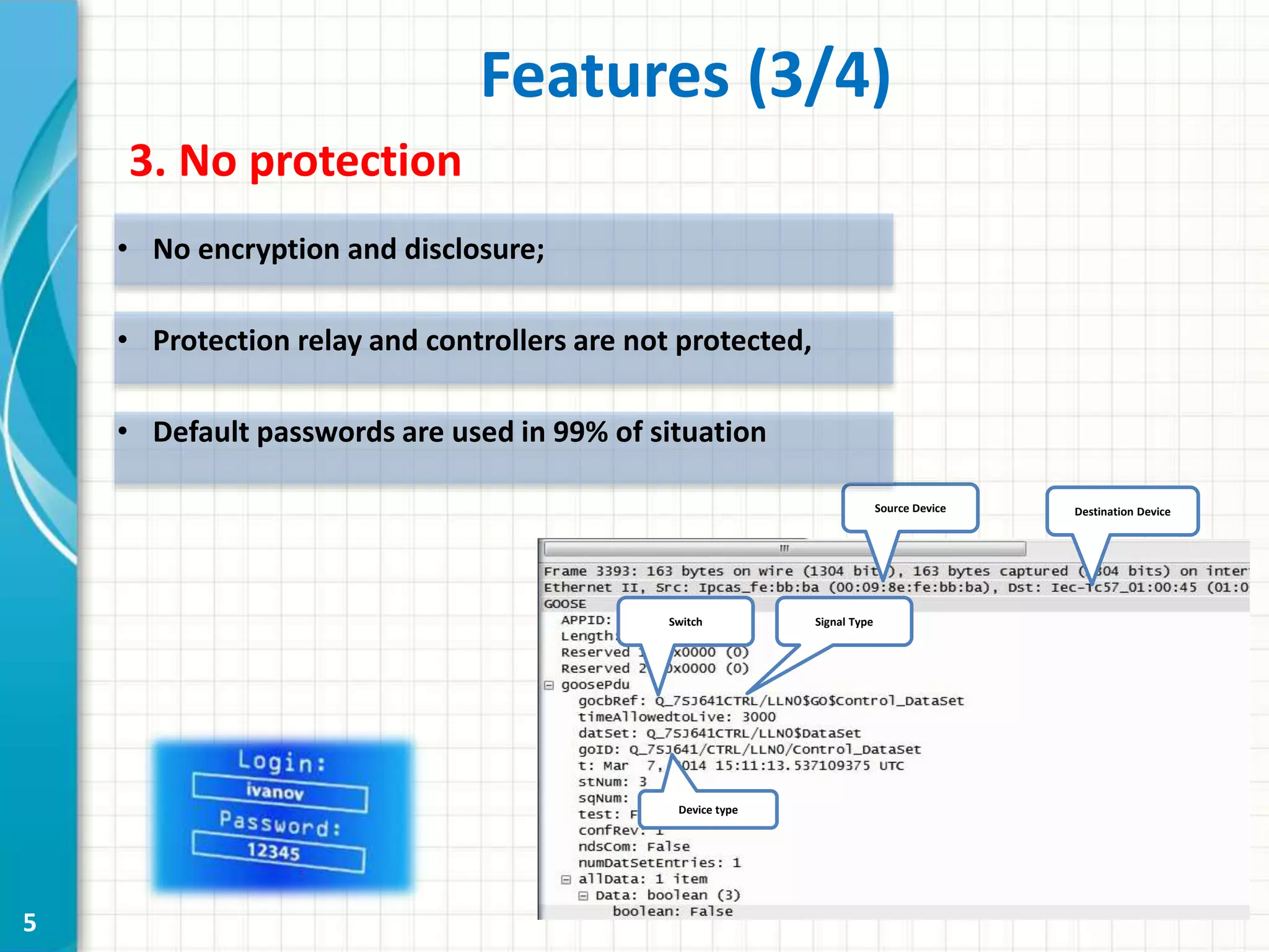 5
Switch
Device type
Signal Type
Source Device Destination Device
Features (3/4)
3. No protection
• No encryption and disclosure;
• Protection relay and controllers are not protected,
• Default passwords are used in 99% of situation
 