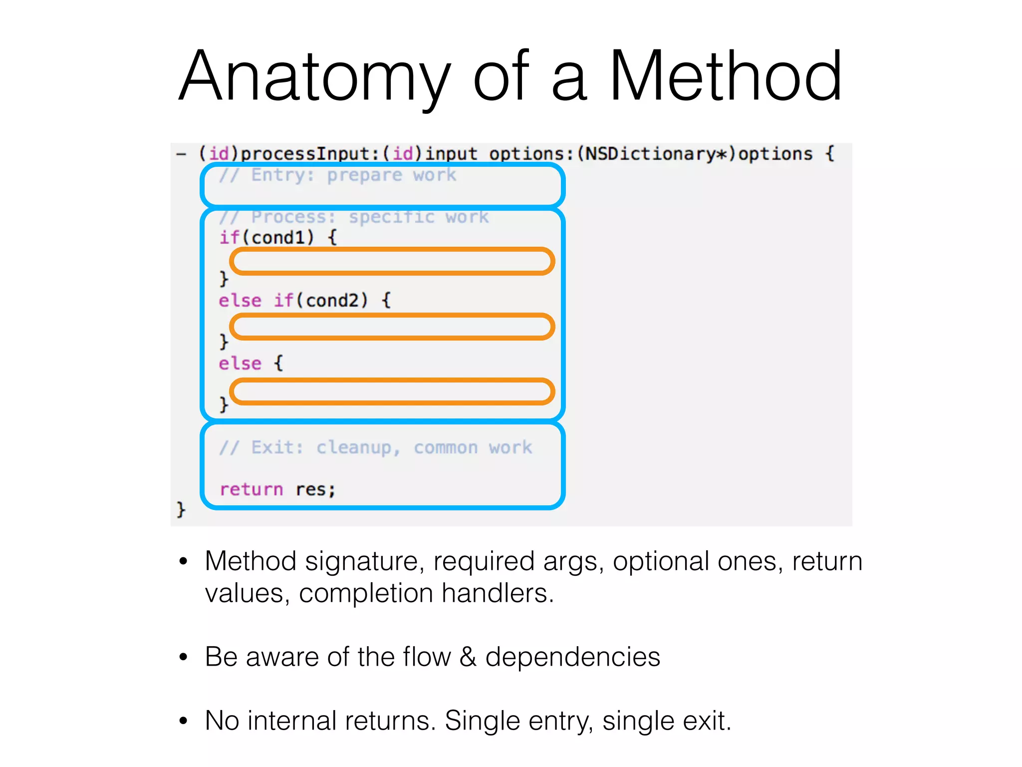 Anatomy of a Method
• Method signature, required args, optional ones, return
values, completion handlers.
• Be aware of the ﬂow & dependencies
• No internal returns. Single entry, single exit.
 