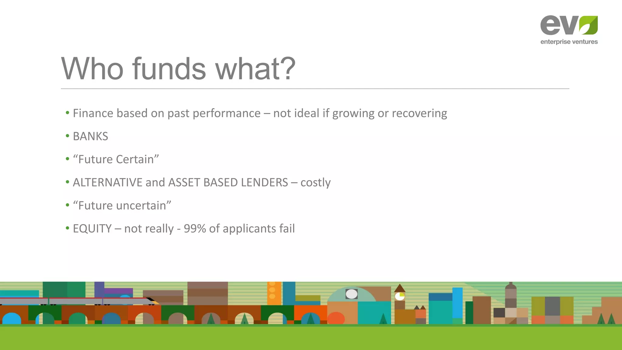 Who funds what?
• Finance based on past performance – not ideal if growing or recovering
• BANKS
• “Future Certain”
• ALTERNATIVE and ASSET BASED LENDERS – costly
• “Future uncertain”
• EQUITY – not really - 99% of applicants fail
 
