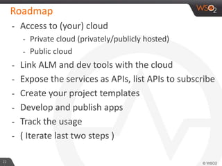 Roadmap
22
- Access to (your) cloud
- Private cloud (privately/publicly hosted)
- Public cloud
- Link ALM and dev tools with the cloud
- Expose the services as APIs, list APIs to subscribe
- Create your project templates
- Develop and publish apps
- Track the usage
- ( Iterate last two steps )
 