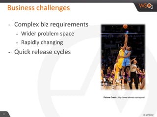 Business challenges
4
- Complex biz requirements
- Wider problem space
- Rapidly changing
- Quick release cycles
Picture Credit : http://www.latimes.com/sports/
 
