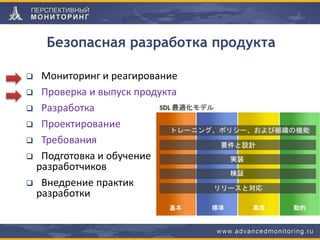 Безопасная разработка продукта
 Мониторинг и реагирование
 Проверка и выпуск продукта
 Разработка
 Проектирование
 Требования
 Подготовка и обучение
разработчиков
 Внедрение практик
разработки
 