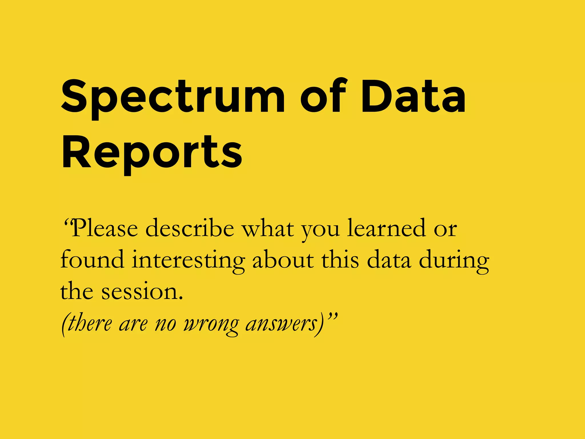 Spectrum of Data
Reports
“Please describe what you learned or
found interesting about this data during
the session.
(there are no wrong answers)”
 