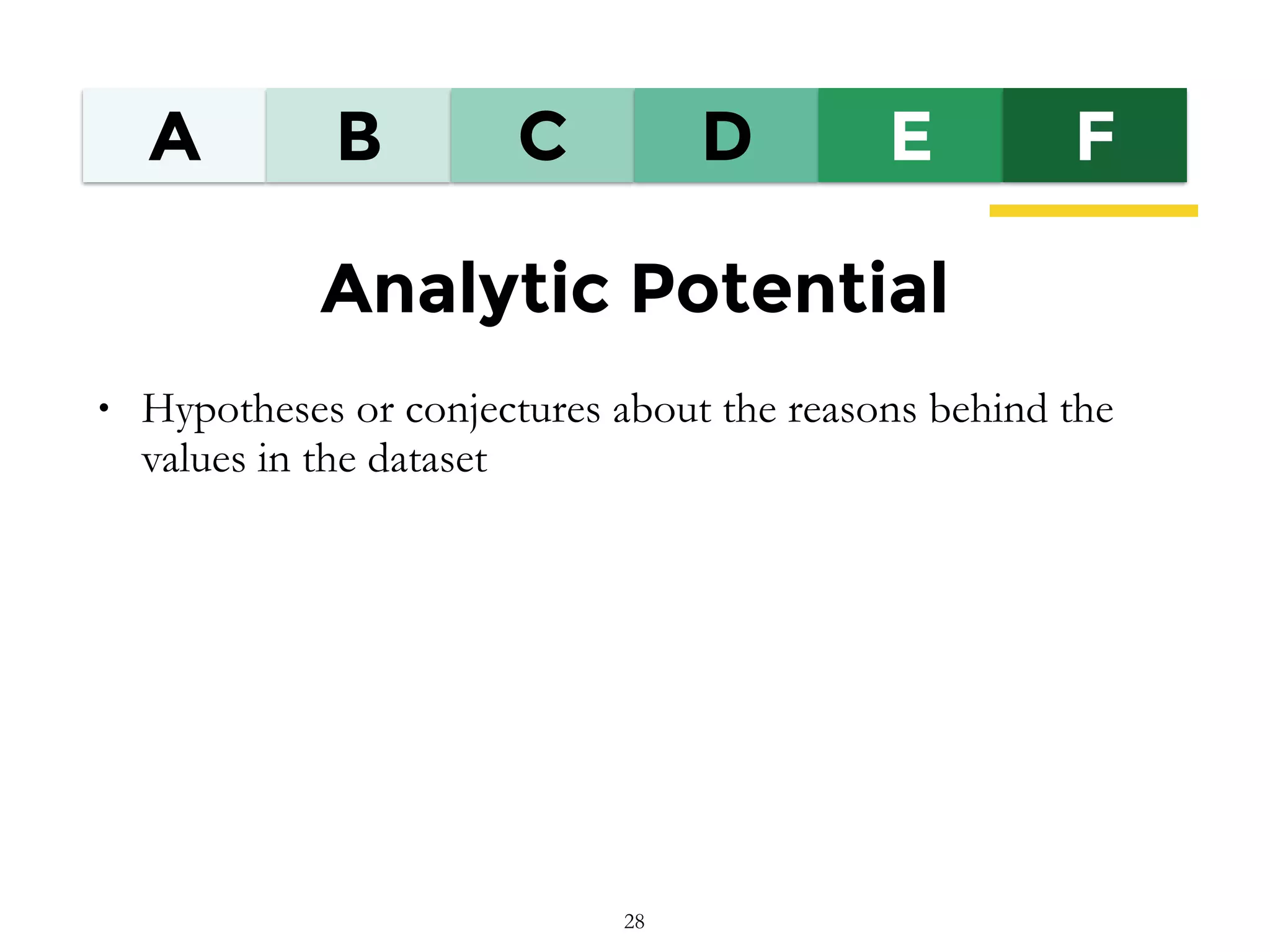 A B C D E F
Analytic Potential
• Hypotheses or conjectures about the reasons behind the
values in the dataset
28
 