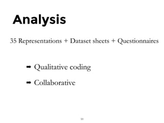 Analysis
35 Representations + Dataset sheets + Questionnaires
➡ Qualitative coding
➡ Collaborative
10
 