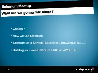 1
Subline
HEADLINE
• whoami?
• How we use Selenium
• Selenium as a Service (Saucelabs / BrowserStack / …)
• Building your own Selenium GRID on AWS EC2
Selenium Meetup
What are we gonna talk about?
 