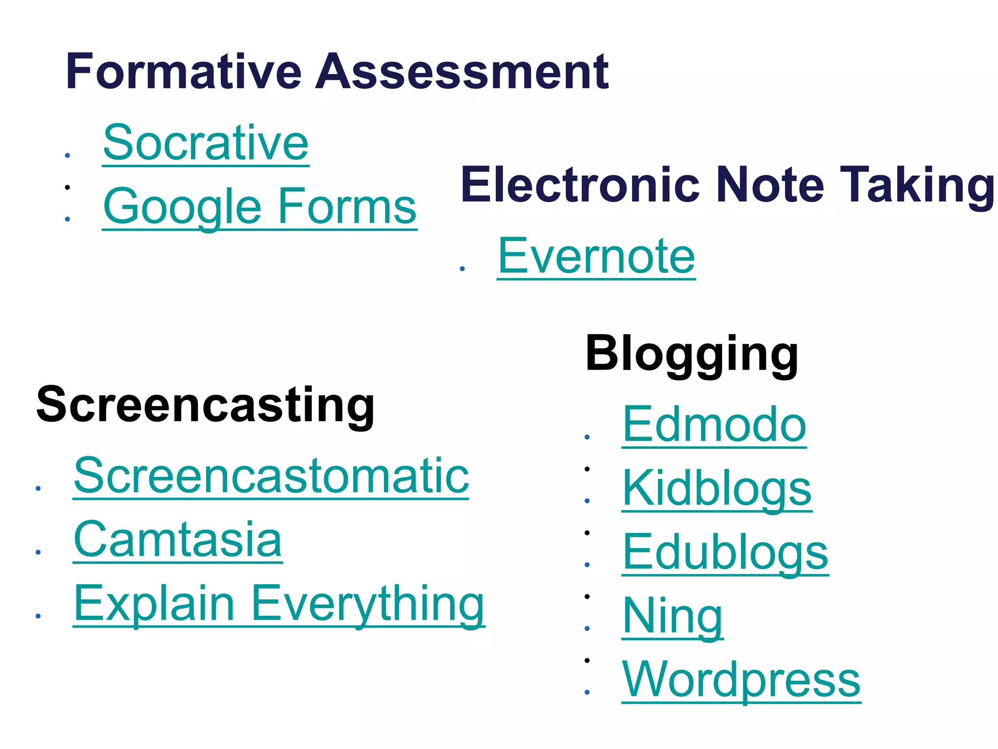 Formative Assessment
 Socrative

 Google Forms
Screencasting
 Screencastomatic
 Camtasia
 Explain Everything
Electronic Note Taking
 Evernote
Blogging
 Edmodo

 Kidblogs

 Edublogs

 Ning

 Wordpress
 