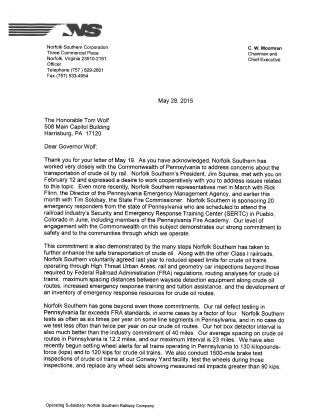 Letter from Norfolk Southern Railroad Responding to Letter from PA Gov Wolf on Bakken Oil Train Safety