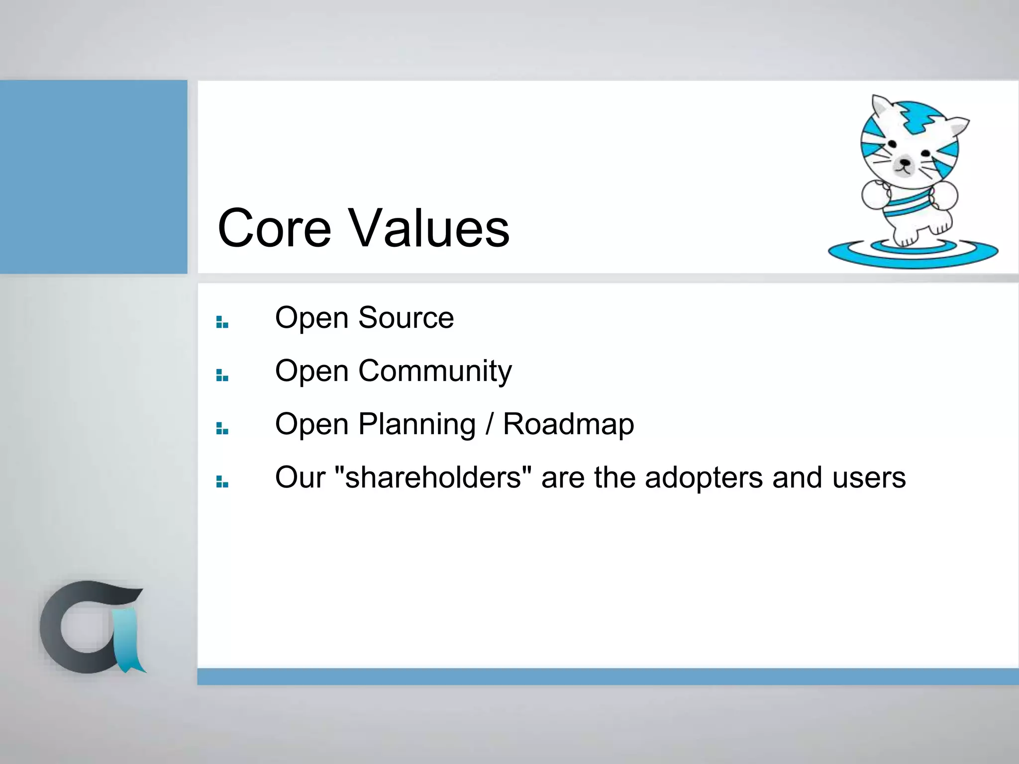 Core Values
Open Source
Open Community
Open Planning / Roadmap
Our "shareholders" are the adopters and users
 