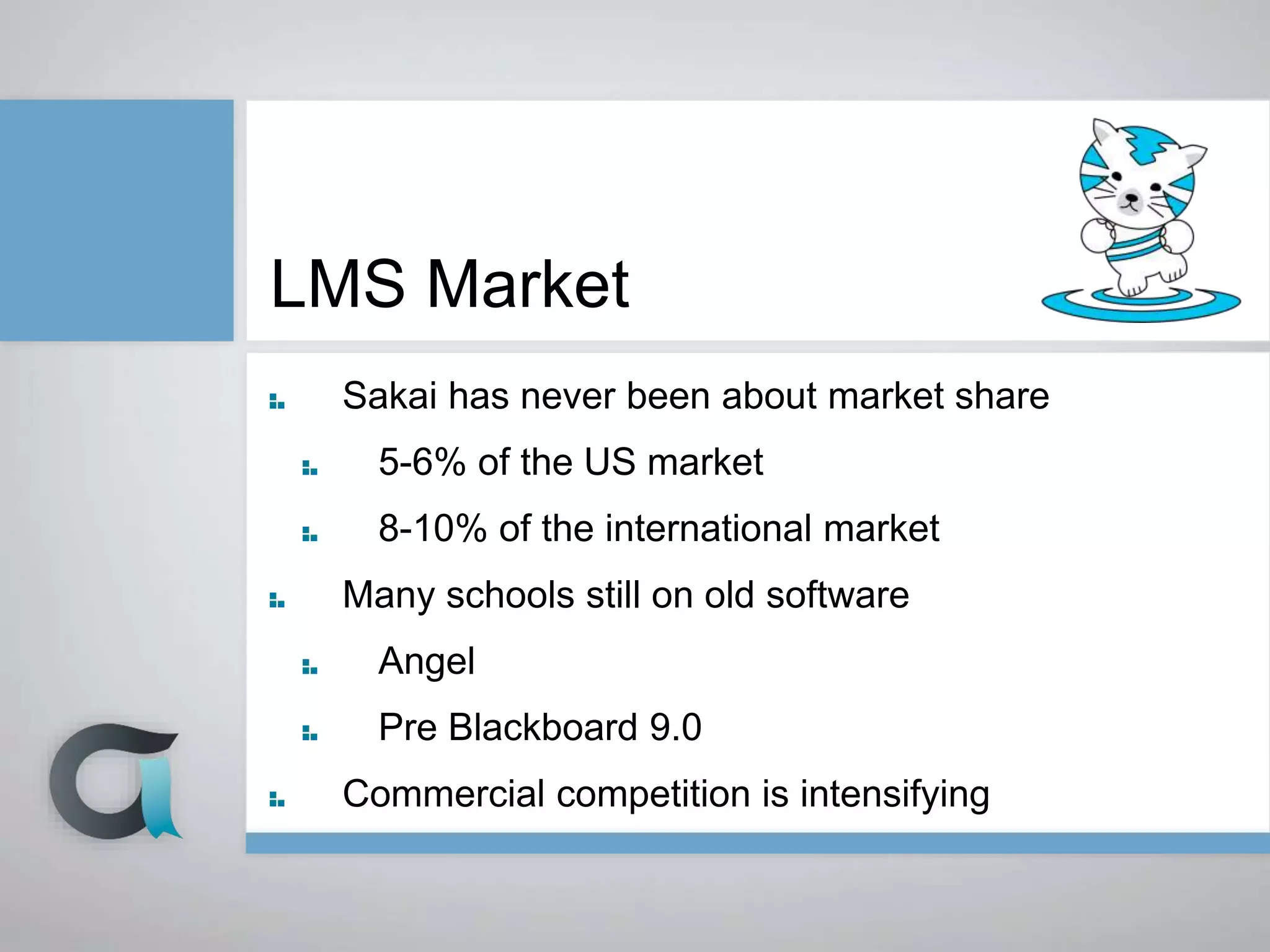 LMS Market
Sakai has never been about market share
5-6% of the US market
8-10% of the international market
Many schools still on old software
Angel
Pre Blackboard 9.0
Commercial competition is intensifying
 