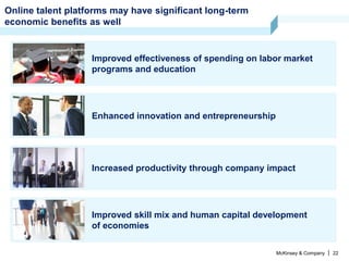 McKinsey & Company | 22
Online talent platforms may have significant long-term
economic benefits as well
Improved effectiveness of spending on labor market
programs and education
Enhanced innovation and entrepreneurship
Improved skill mix and human capital development
of economies
Increased productivity through company impact
 