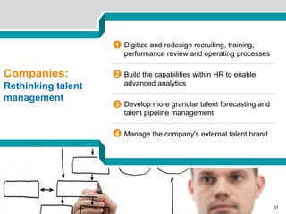 McKinsey & Company | 31
Companies:
Rethinking talent
management
31
2 Build the capabilities within HR to enable
advanced analytics
1 Digitize and redesign recruiting, training,
performance review and operating processes
3 Develop more granular talent forecasting and
talent pipeline management
4 Manage the company's external talent brand
 