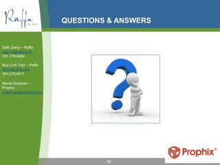 QUESTIONS & ANSWERS
12
Seth Zarny – Raffa
szarny@raffa.com
301.379.6500
Buu-Linh Tran – Raffa
btran@raffa.com
301.279.6511
Nicole Diceman –
Prophix
ndiceman@prophix.com
 