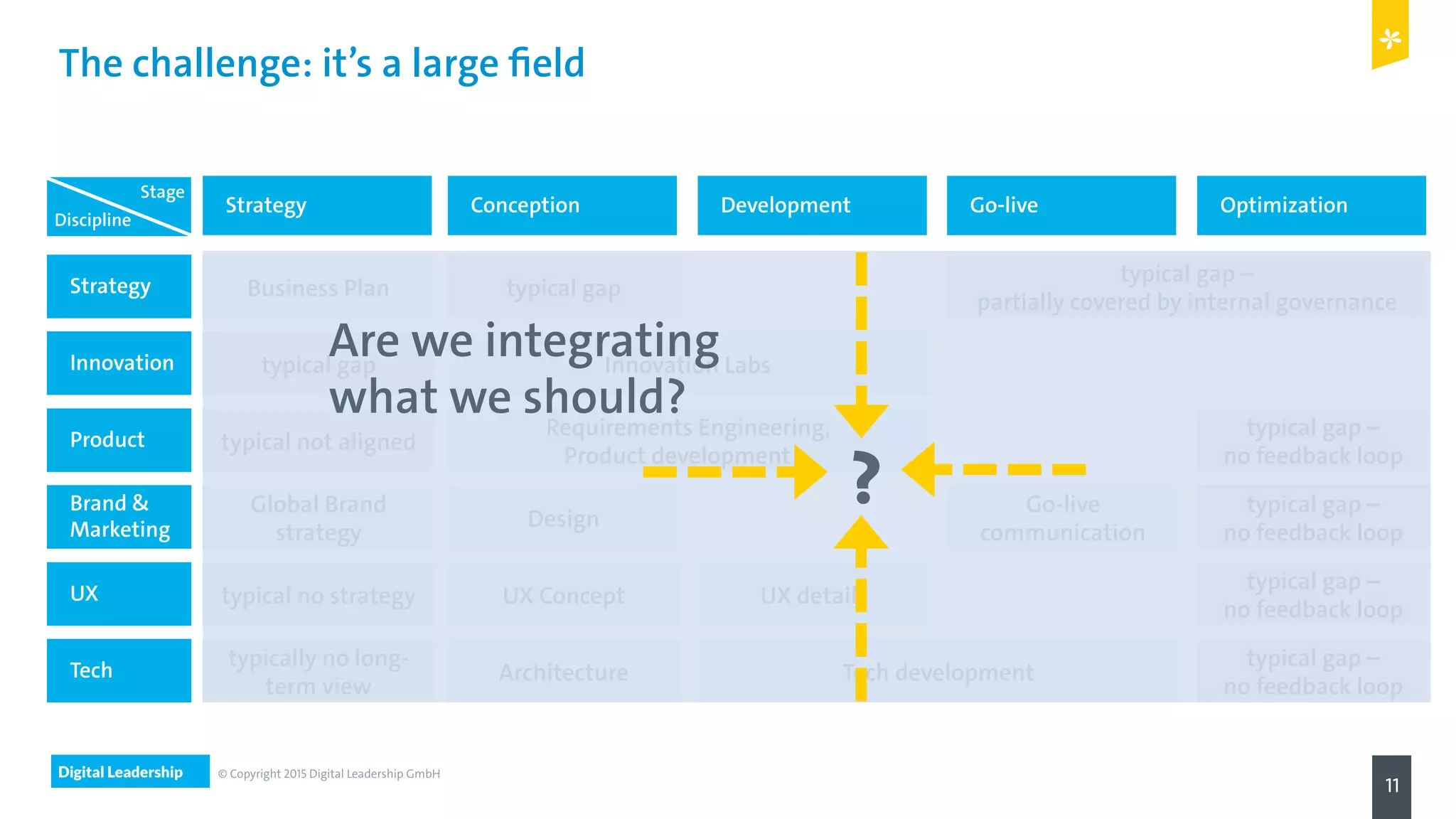 Digital Leadership
11
© Copyright 2015 Digital Leadership GmbH
The challenge: it’s a large field
Strategy Business Plan typical gap
typical gap –
partially covered by internal governance
Brand &
Marketing
Global Brand
strategy
Design
Go-live
communication
typical gap –
no feedback loop
Tech Tech developmentArchitecture
typically no long-
term view
typical gap –
no feedback loop
UX UX detailsUX Concepttypical no strategy
typical gap –
no feedback loop
Product
Requirements Engineering,
Product development …
typical not aligned
typical gap –
no feedback loop
Strategy Conception Development Go-live Optimization
Stage
Discipline
Innovation Innovation Labstypical gap
?
Are we integrating
what we should?
 
