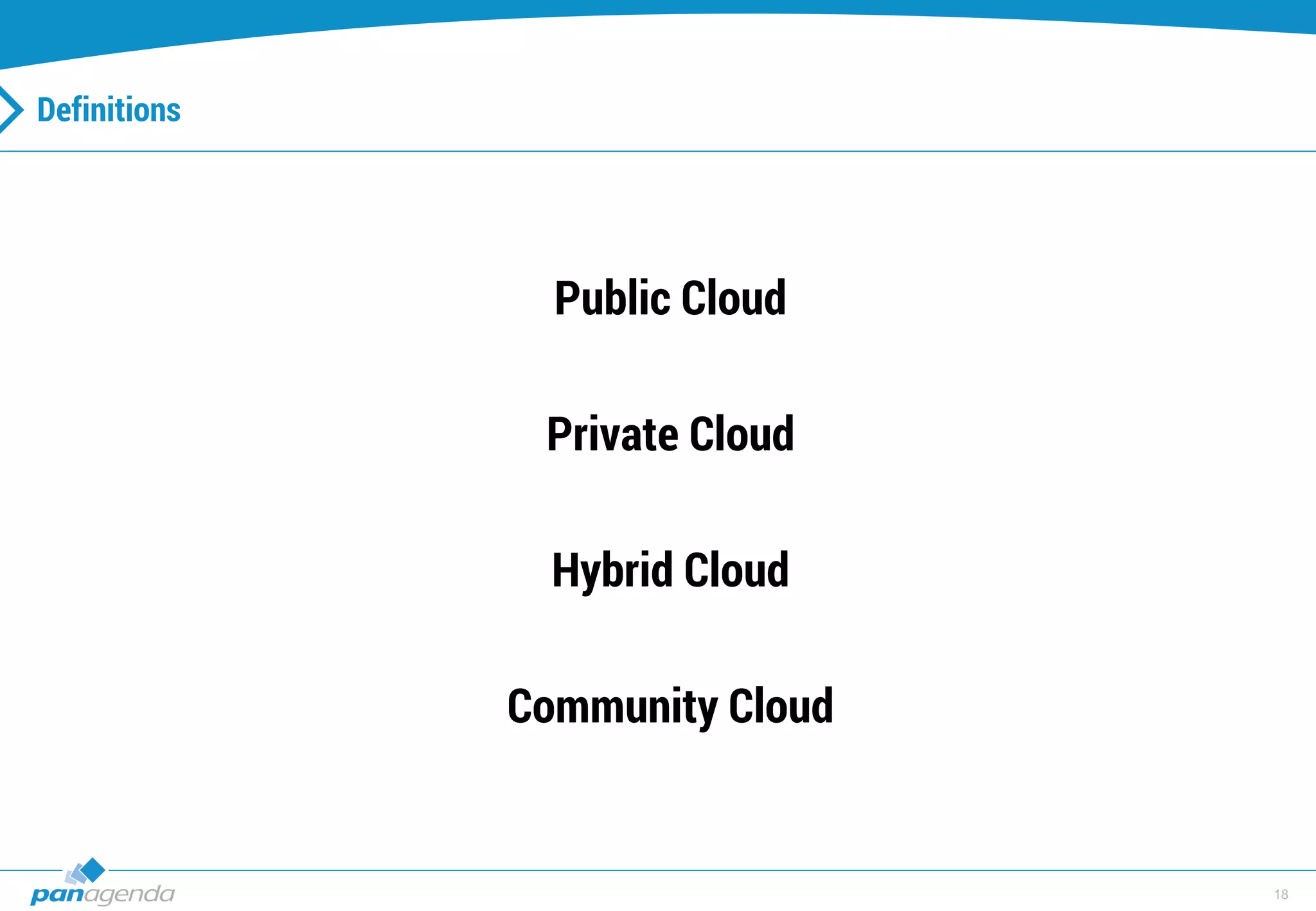 18
Definitions
Public Cloud
Private Cloud
Hybrid Cloud
Community Cloud
 