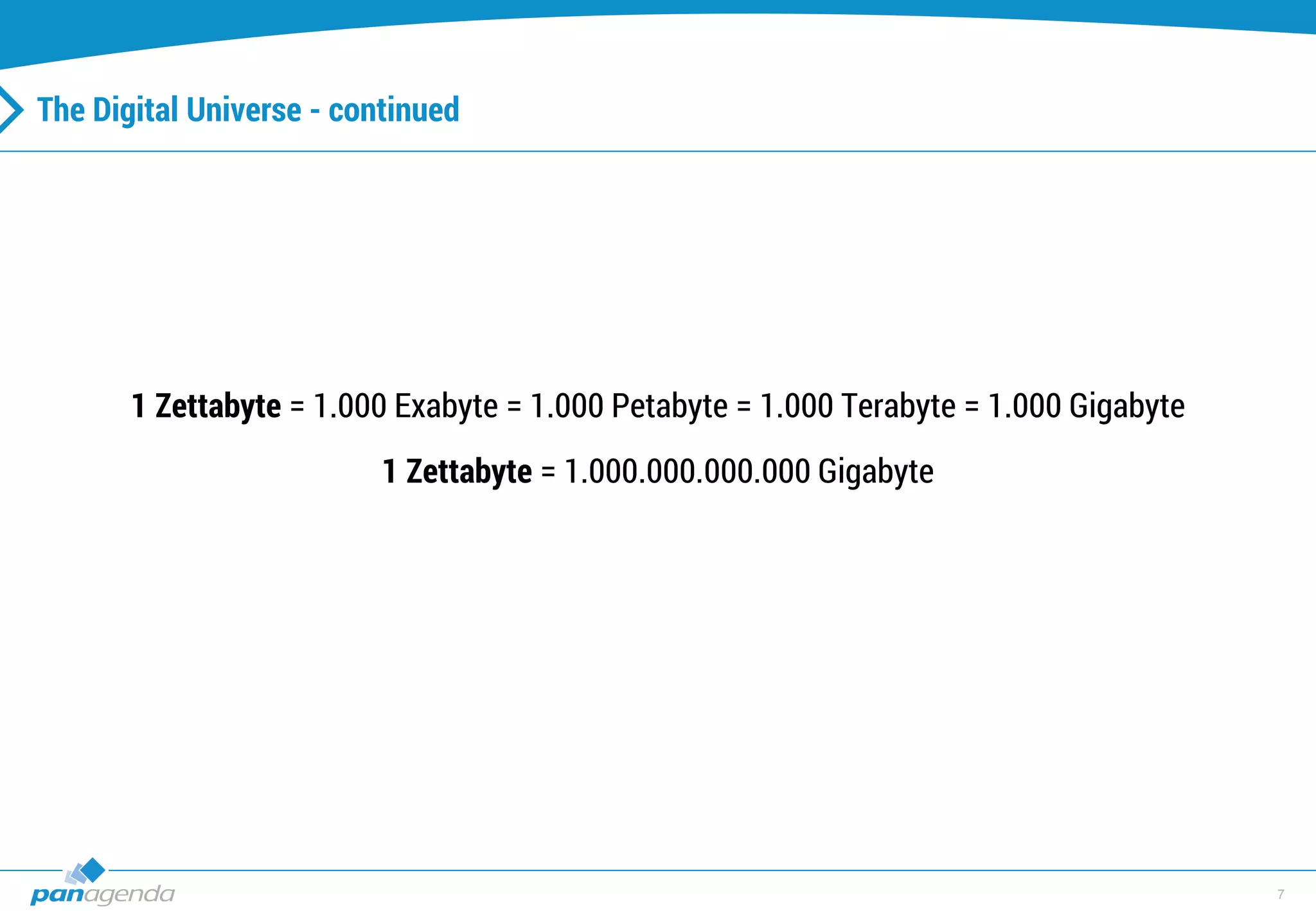 7
The Digital Universe - continued
1 Zettabyte = 1.000 Exabyte = 1.000 Petabyte = 1.000 Terabyte = 1.000 Gigabyte
1 Zettabyte = 1.000.000.000.000 Gigabyte
 