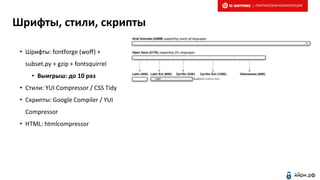 Шрифты, стили, скрипты
• Шрифты: fontforge (woff) +
subset.py + gzip + fontsquirrel
• Выигрыш: до 10 раз
• Стили: YUI Compressor / CSS Tidy
• Скрипты: Google Compiler / YUI
Compressor
• HTML: htmlcompressor
| ПАРТНЕРСКАЯ КОНФЕРЕНЦИЯ
 