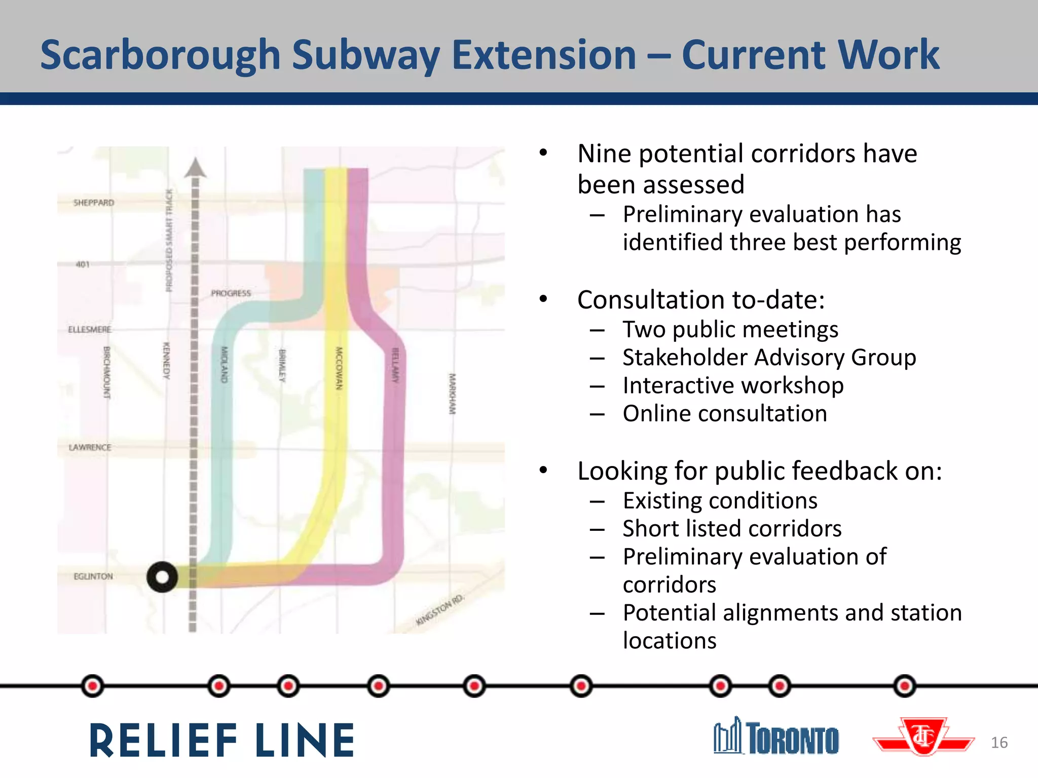 • Nine potential corridors have
been assessed
– Preliminary evaluation has
identified three best performing
• Consultation to-date:
– Two public meetings
– Stakeholder Advisory Group
– Interactive workshop
– Online consultation
• Looking for public feedback on:
– Existing conditions
– Short listed corridors
– Preliminary evaluation of
corridors
– Potential alignments and station
locations
Scarborough Subway Extension – Current Work
16
 