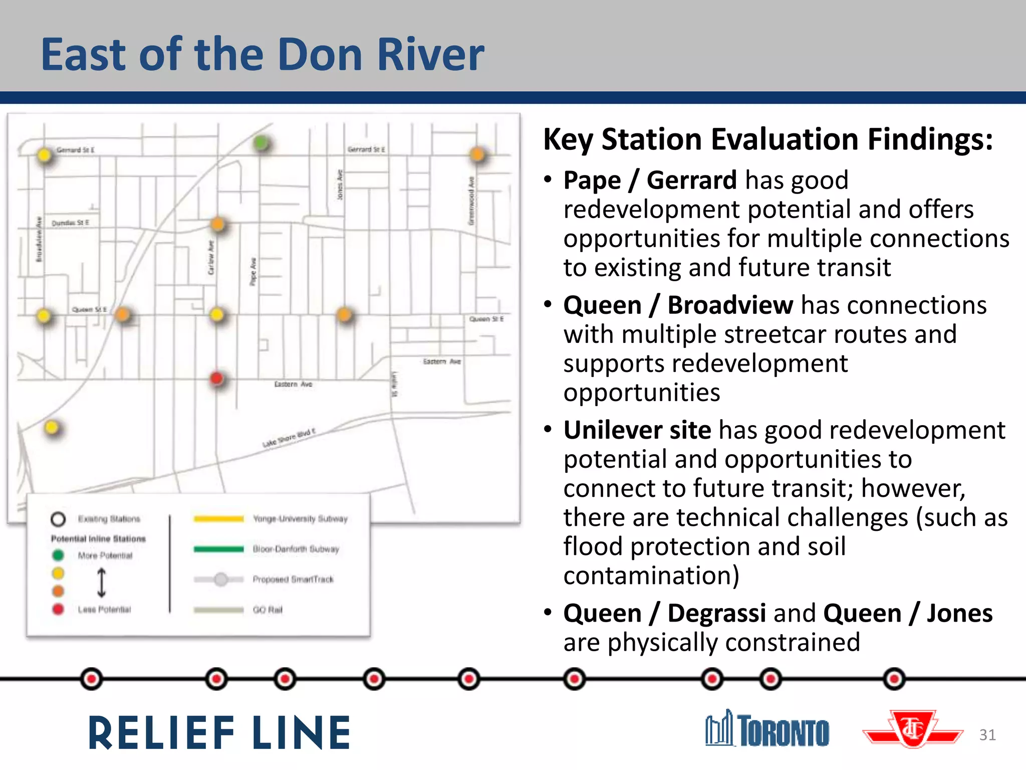 31
Key Station Evaluation Findings:
• Pape / Gerrard has good
redevelopment potential and offers
opportunities for multiple connections
to existing and future transit
• Queen / Broadview has connections
with multiple streetcar routes and
supports redevelopment
opportunities
• Unilever site has good redevelopment
potential and opportunities to
connect to future transit; however,
there are technical challenges (such as
flood protection and soil
contamination)
• Queen / Degrassi and Queen / Jones
are physically constrained
East of the Don River
 