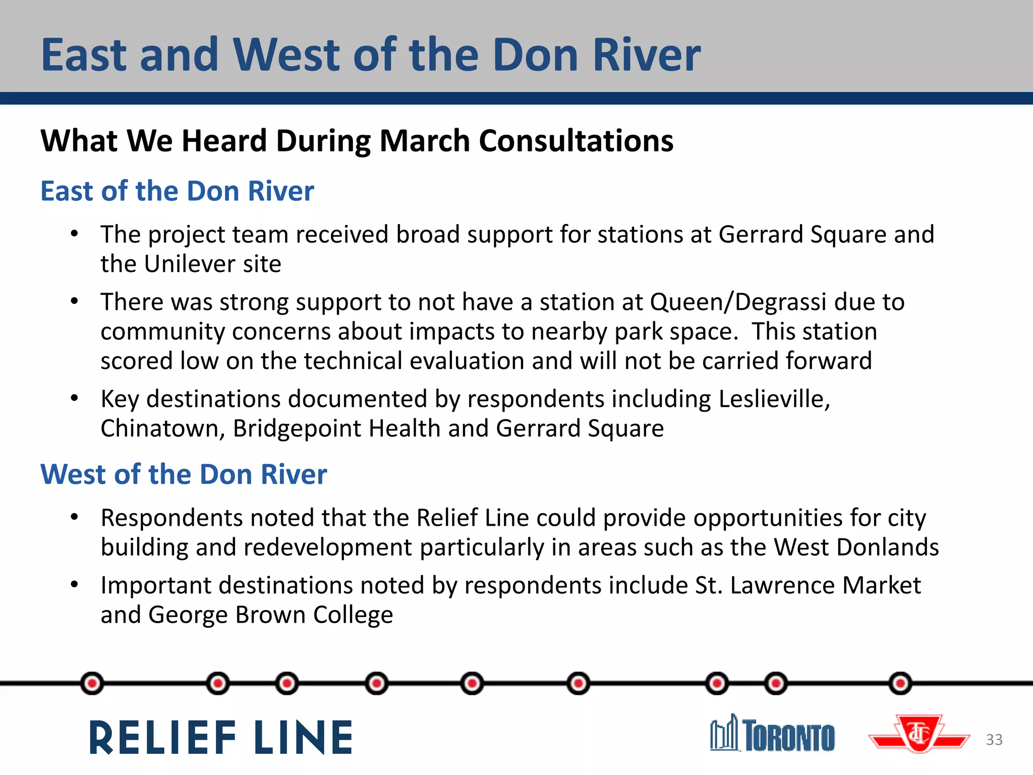What We Heard During March Consultations
East of the Don River
• The project team received broad support for stations at Gerrard Square and
the Unilever site
• There was strong support to not have a station at Queen/Degrassi due to
community concerns about impacts to nearby park space. This station
scored low on the technical evaluation and will not be carried forward
• Key destinations documented by respondents including Leslieville,
Chinatown, Bridgepoint Health and Gerrard Square
West of the Don River
• Respondents noted that the Relief Line could provide opportunities for city
building and redevelopment particularly in areas such as the West Donlands
• Important destinations noted by respondents include St. Lawrence Market
and George Brown College
East and West of the Don River
33
 