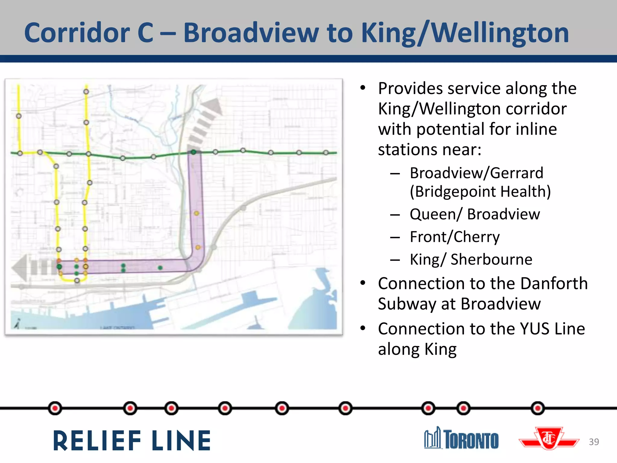 Corridor C – Broadview to King/Wellington
39
• Provides service along the
King/Wellington corridor
with potential for inline
stations near:
– Broadview/Gerrard
(Bridgepoint Health)
– Queen/ Broadview
– Front/Cherry
– King/ Sherbourne
• Connection to the Danforth
Subway at Broadview
• Connection to the YUS Line
along King
 
