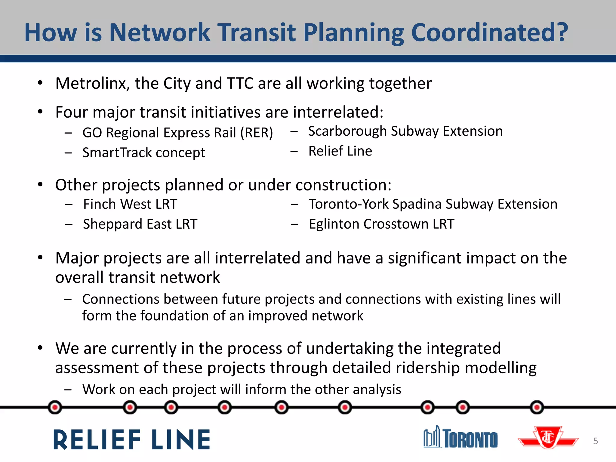 How is Network Transit Planning Coordinated?
5
• Metrolinx, the City and TTC are all working together
• Four major transit initiatives are interrelated:
• Other projects planned or under construction:
• Major projects are all interrelated and have a significant impact on the
overall transit network
‒ Connections between future projects and connections with existing lines will
form the foundation of an improved network
• We are currently in the process of undertaking the integrated
assessment of these projects through detailed ridership modelling
‒ Work on each project will inform the other analysis
‒ GO Regional Express Rail (RER)
‒ SmartTrack concept
‒ Scarborough Subway Extension
‒ Relief Line
‒ Finch West LRT
‒ Sheppard East LRT
‒ Toronto-York Spadina Subway Extension
‒ Eglinton Crosstown LRT
 