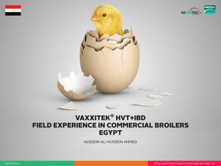 VAXXITEK®
HVT+IBD
FIELD EXPERIENCE IN COMMERCIAL BROILERS
EGYPT
HUSSEIN ALI HUSSEIN AHMED
MERIAL AVIAN FORUM, ROMA 27TH, 28TH AND 29TH JUNE 2012VAXXITEK.COM
 