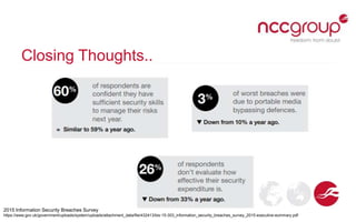 Closing Thoughts..
2015 Information Security Breaches Survey
https://www.gov.uk/government/uploads/system/uploads/attachme...