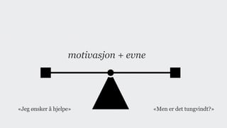 trigger + motivasjon + evne → handling
«Jeg ønsker å hjelpe» «Men er det tungvindt?»
 