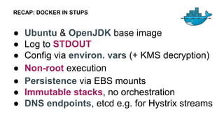 ● Ubuntu & OpenJDK base image
● Log to STDOUT
● Config via environ. vars (+ KMS decryption)
● Non-root execution
● Persist...