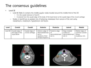 The consensus guidelines
• Level III
– Level III (Table 3) contains the middle jugular nodes located around the middle thi...